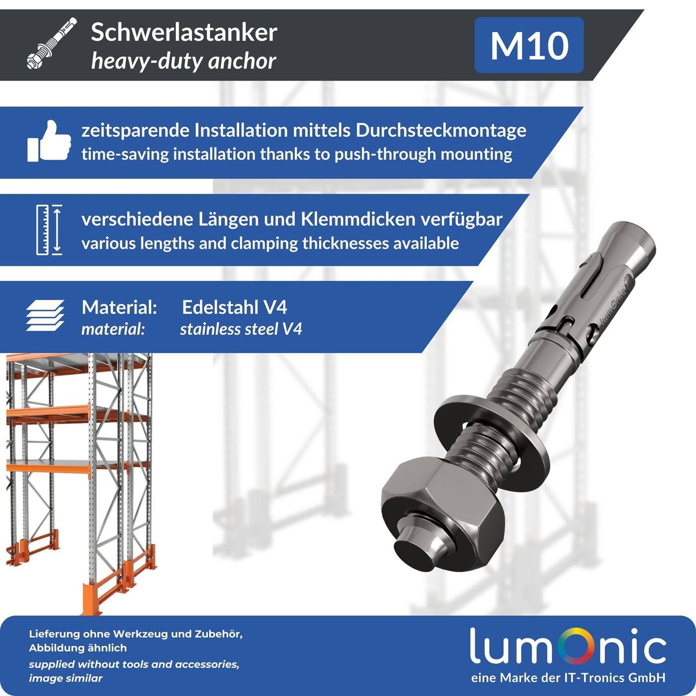 Lumonic Schwerlastdübel M10 x 80mm | hochwertige Edelstahl V2A Keilanker | Durchsteckmontage,  | Betonanker, Schwerlastanker | für Überdachungen, Geländer, Regale, Trennwände