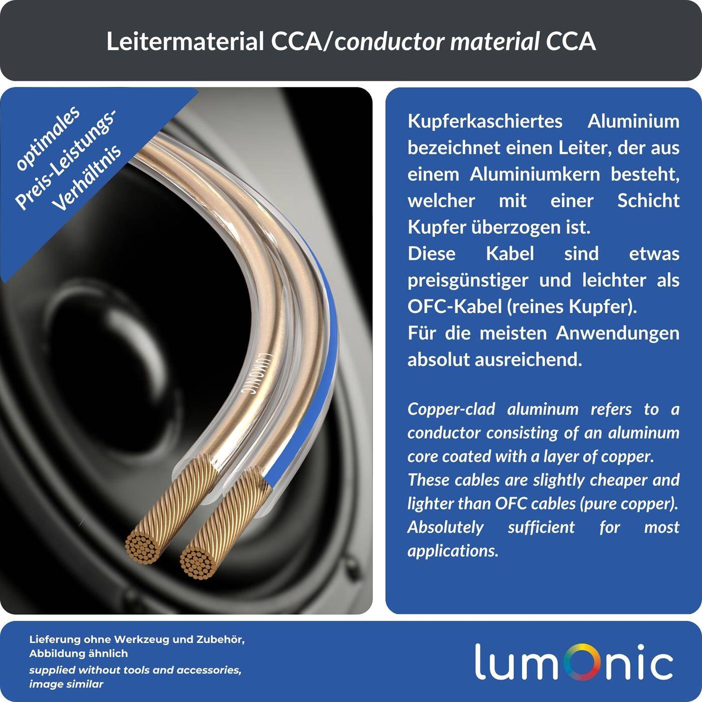 Lumonic Speaker cables | 50m Transparent | 2x 0,5mm² CCA | Blue marking HiFi speaker cable | Audio twin line