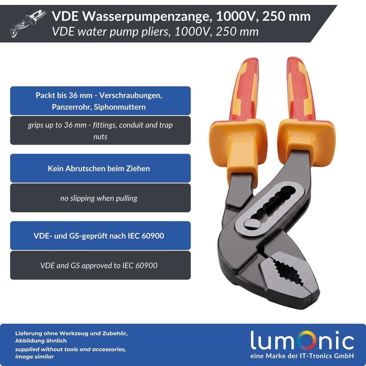 Lumonic VDE Water Pump Pliers 1000V, 250 mm - Box joint with locking nut, jaw opening up to 36 mm, 60CrV steel, for electrical and plumbing work