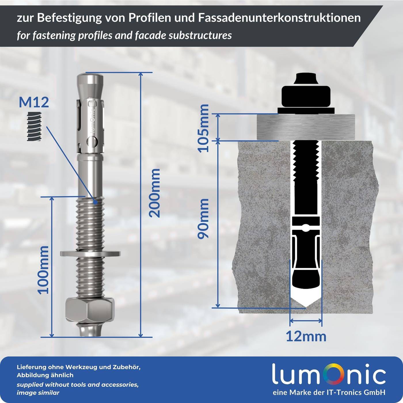 Lumonic Schwerlastdübel M12 x 200mm | hochwertige Keilanker verzinkt | Durchsteckmontage, SOFORT BELASTBAR | Betonanker, Schwerlastanker | für Überdachungen, Geländer, Regale, Trennwände