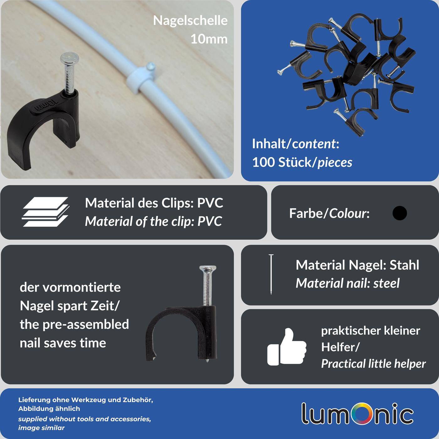 Lumonic 100x Nagelschelle 10mm für Kabel schwarz - Kabelschelle mit 22mm Nagel z.B. zur Befestigung an der Wand - Kabelklemmen verschiedene Größen 4-14mm