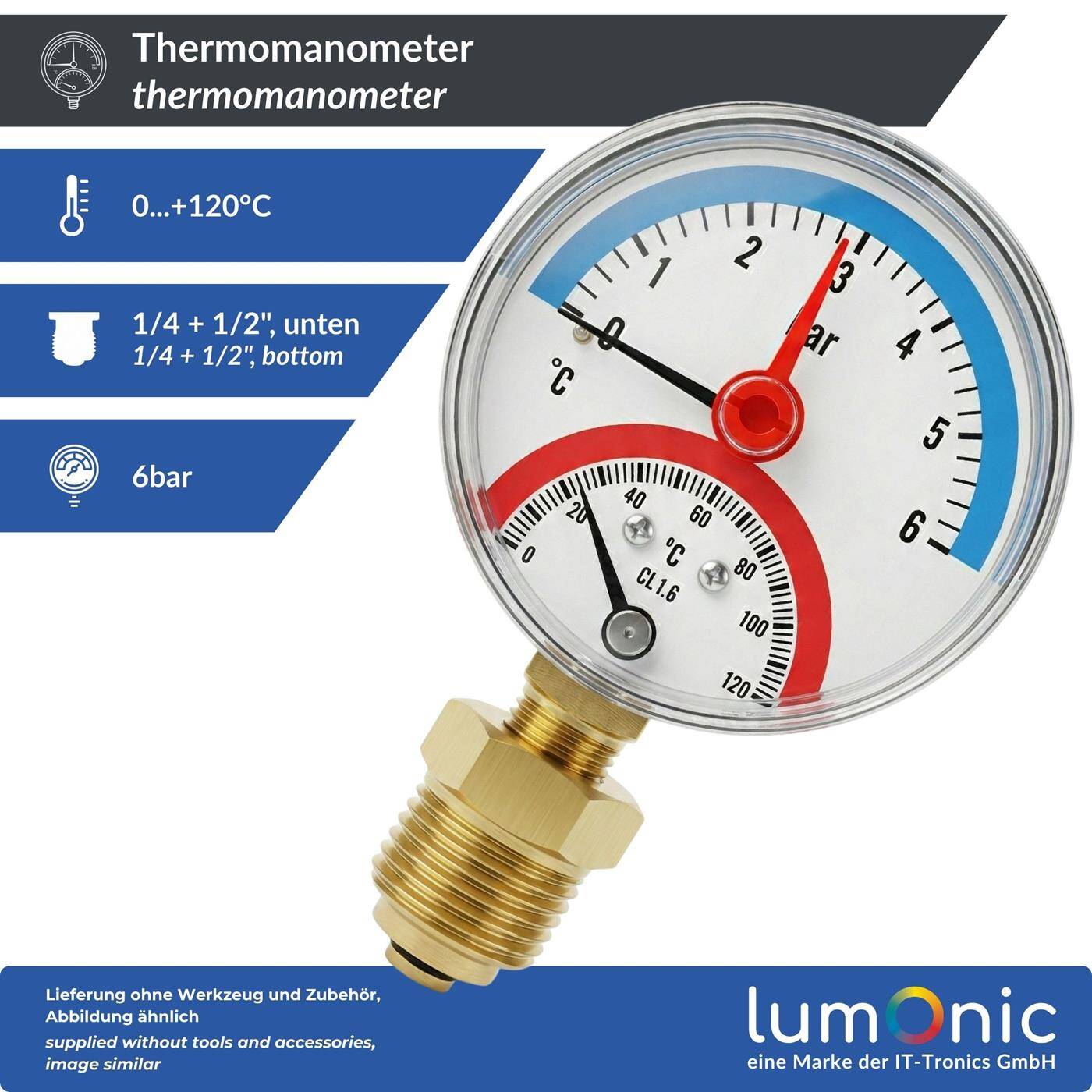 Thermomanometer 6bar 0-120°C 1/4 + 1/2 inch (adapter) Bottom connection Ø 63mm large scale Heating pressure gauge Metal housing