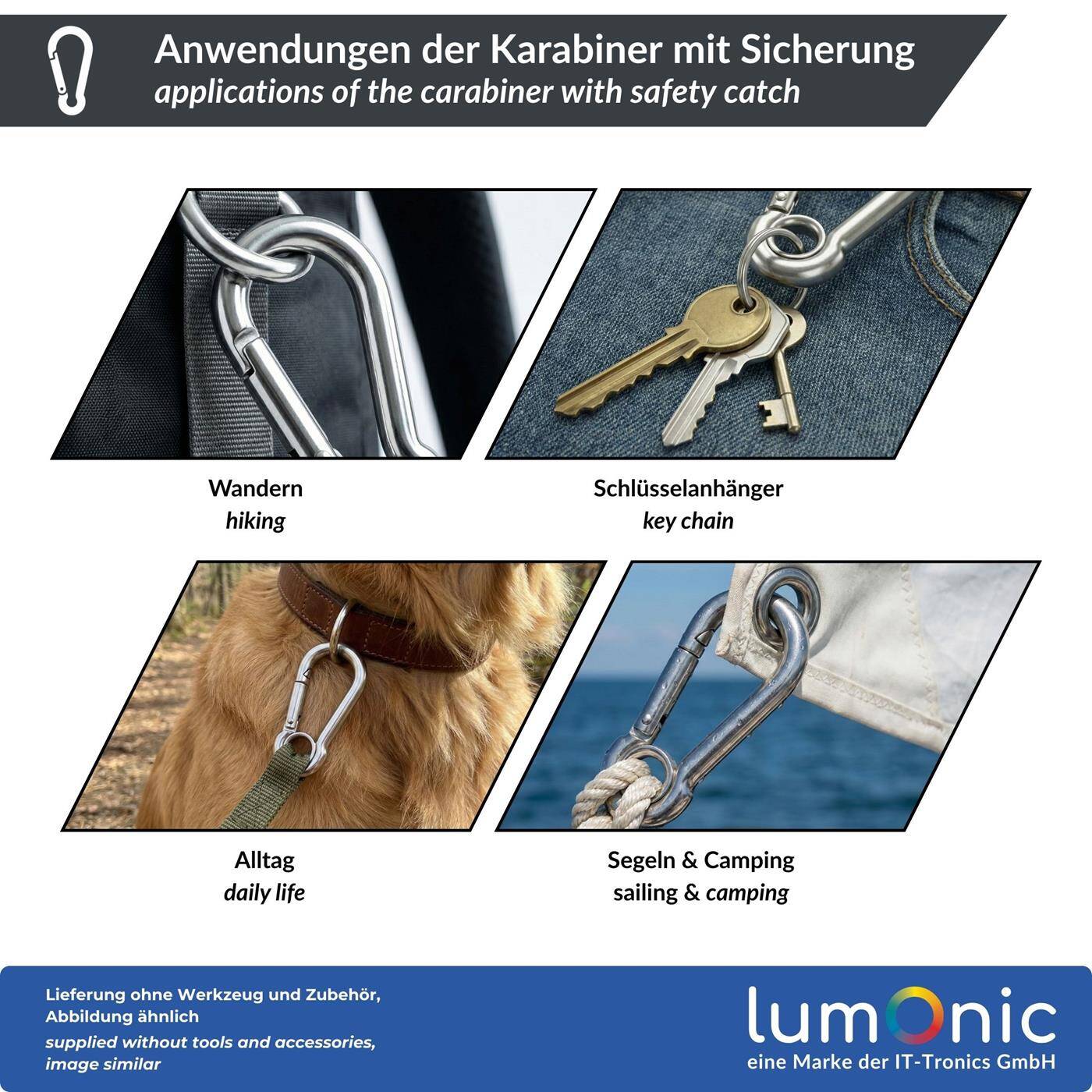 Lumonic Carabiner with safety catch V4A stainless steel | 5x50mm | Stainless + seawater resistant | Safety catch prevents unintentional opening | for awnings, hammocks, dogs, camping