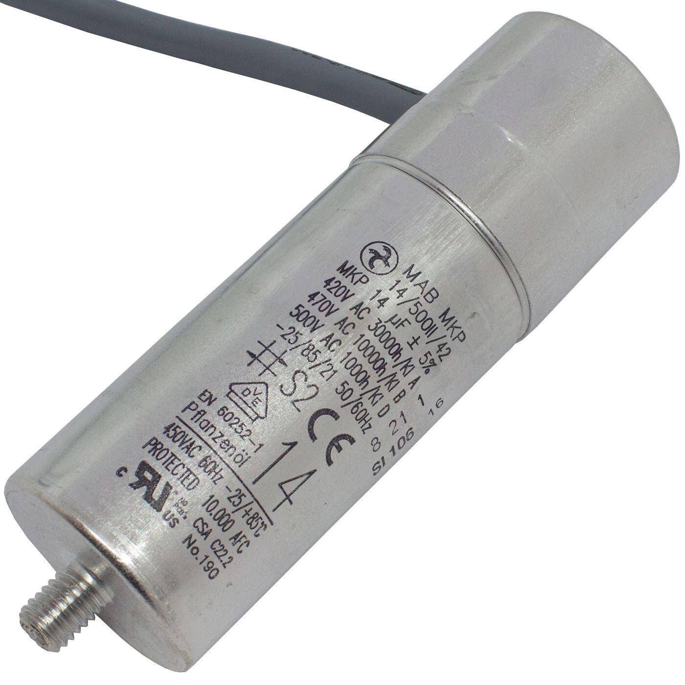 Lumonic Anlaufkondensator Hydra MKP-500 14-C inkl. Kabel 40cm | Motorkondensator 14µF 470V 35x100mm I Kondensator mit hochwertigem Metallgehäuse