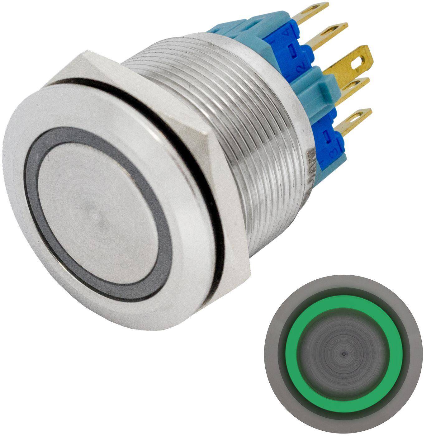 Stainless steel Push button Flat Ø25mm Ring LED Green IP65 2,8x0,5mm Pins 250V 3A Vandal-proof