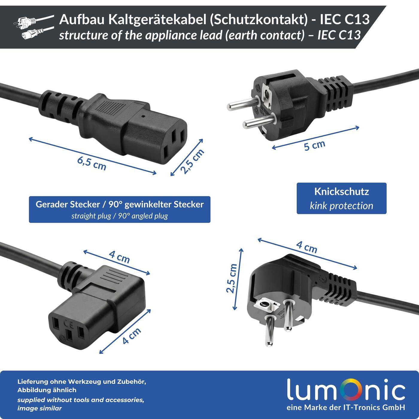 Lumonic Kaltgerätekabel Schuko 90° Gewinkelt auf C13, Schwarz 5 m, 230 V - 90° Winkelstecker spart Platz, für wandnahe Arbeitsplätze, bündiger Kabelabgang nach unten, Knickschutz gegen Kabelbruch