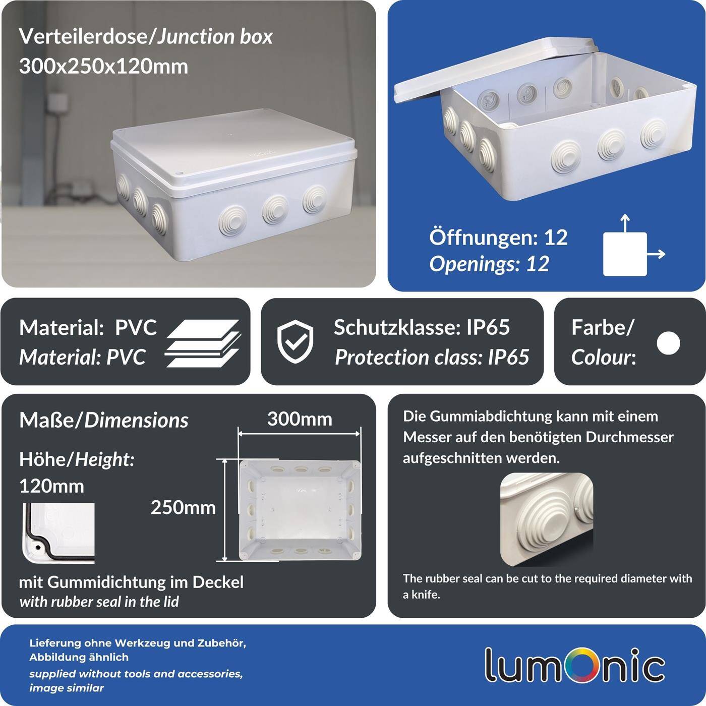Lumonic Verteilerdose weiß 300x250x120mm mit 12 Öffnungen I Abzweigdose Aufputz - IP65 I Verbindungsdose, Klemmdose, Abzweigkasten für Innen & Außen