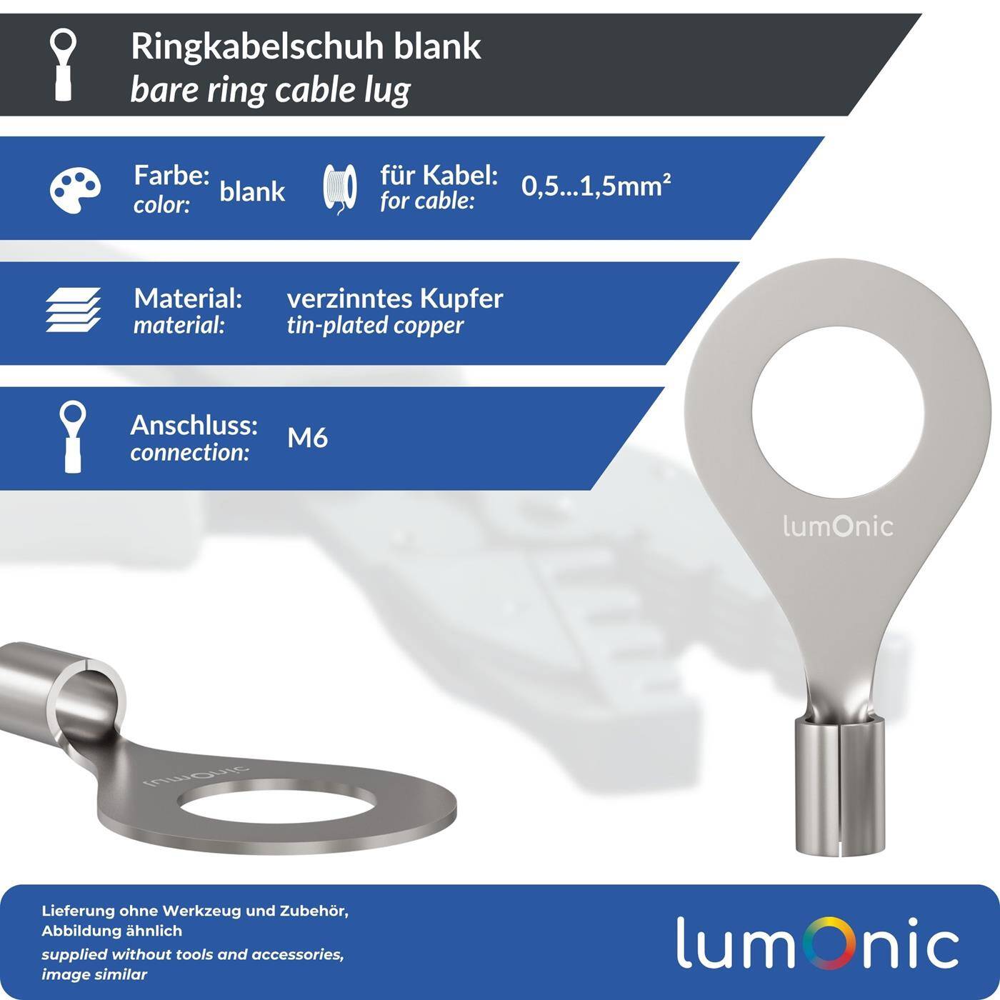 Lumonic 25x Ringkabelschuh 0,5-1,5mm² blank | M6 | Kupfer verzinnt | sichere Kabelverbindung ohne Löten | Crimp-Kabelschuh unisoliert | KFZ, Maschinenbau, Wohnmobil, Batterie
