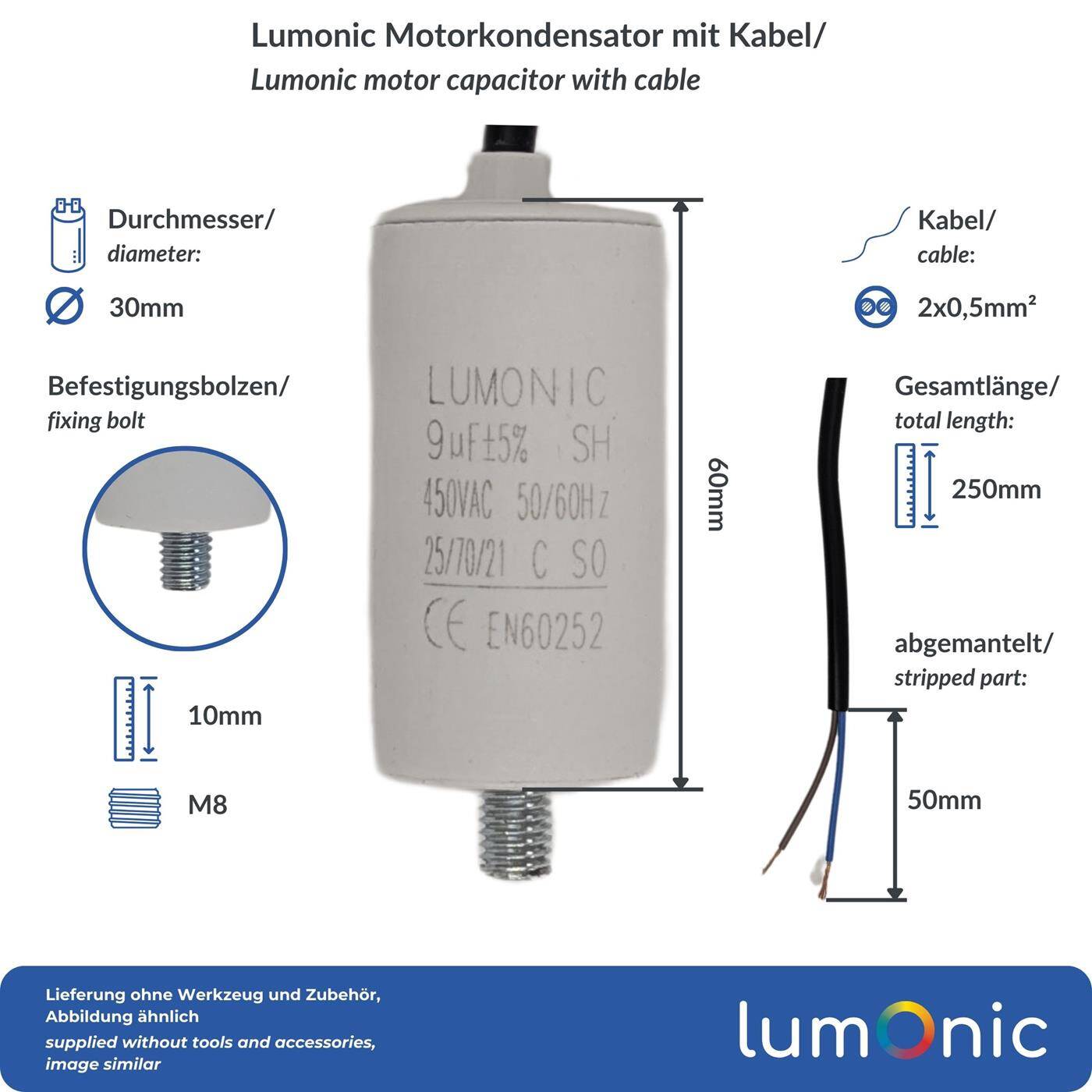 Lumonic Anlaufkondensator 9µF 450V | mit Kabel I 30x60mm I 9uF I Motorkondensator mit Kunststoffgehäuse I Betriebskondensator I für Pumpen, Rasenmäher, Werkzeuge
