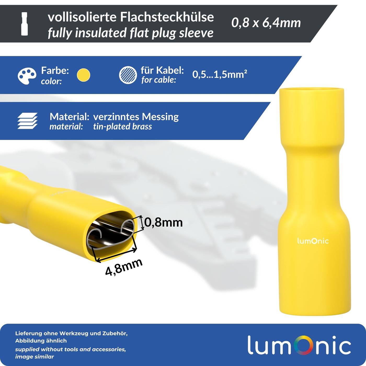 25x Flat receptacle fully insulated 4-6mm² Plug-in dimension 0,8x6,4mm Yellow for flat plug Brass tinned 25x Flat receptacle fully insulated 4-6mm² Plug-in dimension 0,8x6,4mm Yellow for flat plug Brass tinned