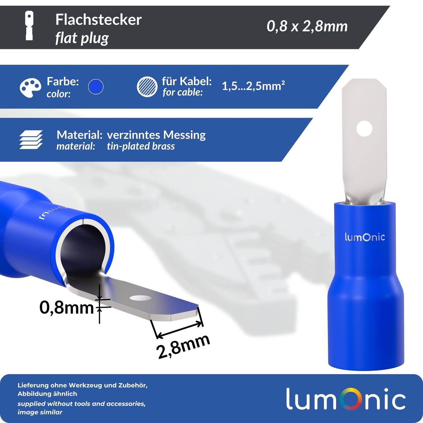 Lumonic 25x Flat plug 1,5-2,5mm²  | for blade receptacle 0,8 x 2,8mm | Partially insulated | Cable connector without soldering | Tin-plated brass | Automotive, mechanical engineering
