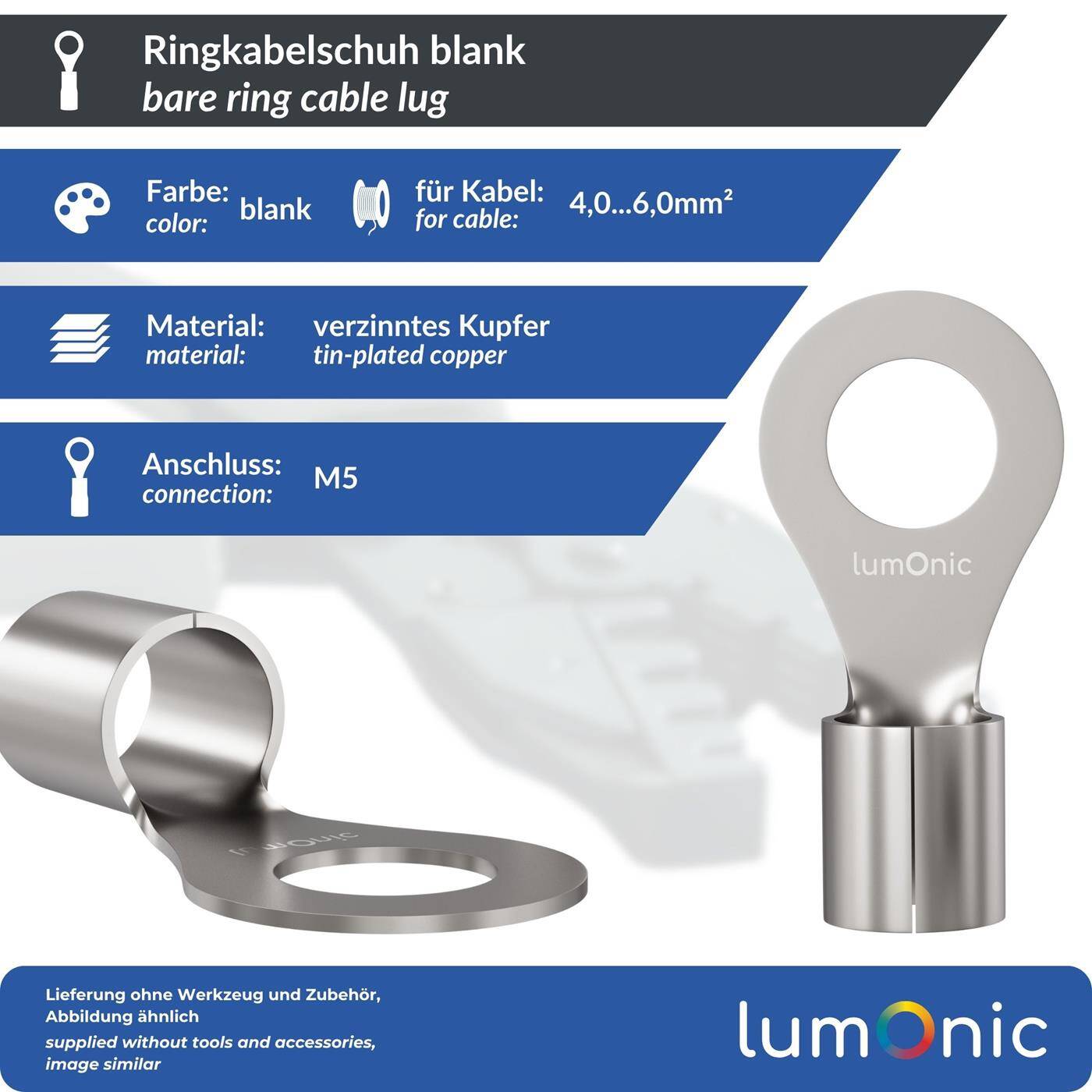 Lumonic 25x Ring cable lug 4,0-6,0mm² blank | M5 | Tinned copper | Secure cable connection without soldering | Crimp cable lug uninsulated | Motor vehicle, mechanical engineering, motorhome, battery