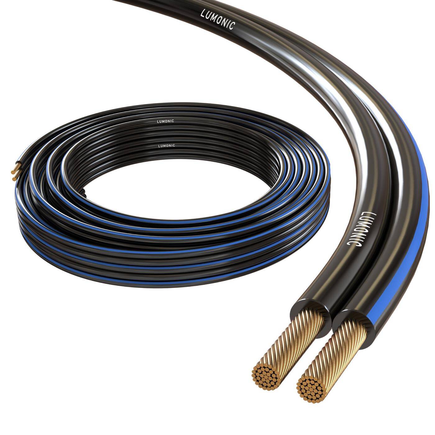 Lumonic Speaker cables | 10m Black | 2x 0,75mm² CCA | Blue marking HiFi speaker cable | Audio twin line