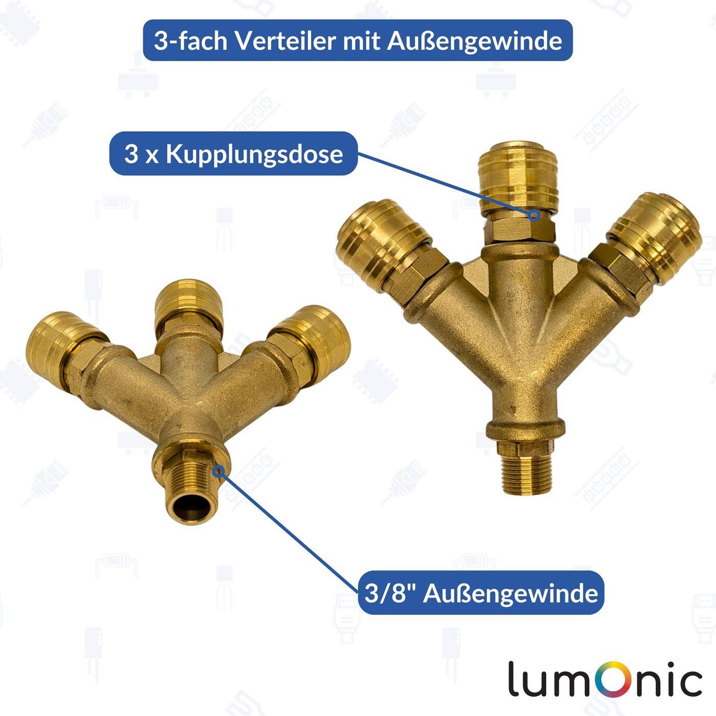 Druckluftverteiler 3-fach mit Außengewinde 3/8" aus Messing Druckluft-Verteiler Druckluftweiche Schnellkupplung Mehrfachverteiler für Werkstätten, Betriebe und Heimwerker