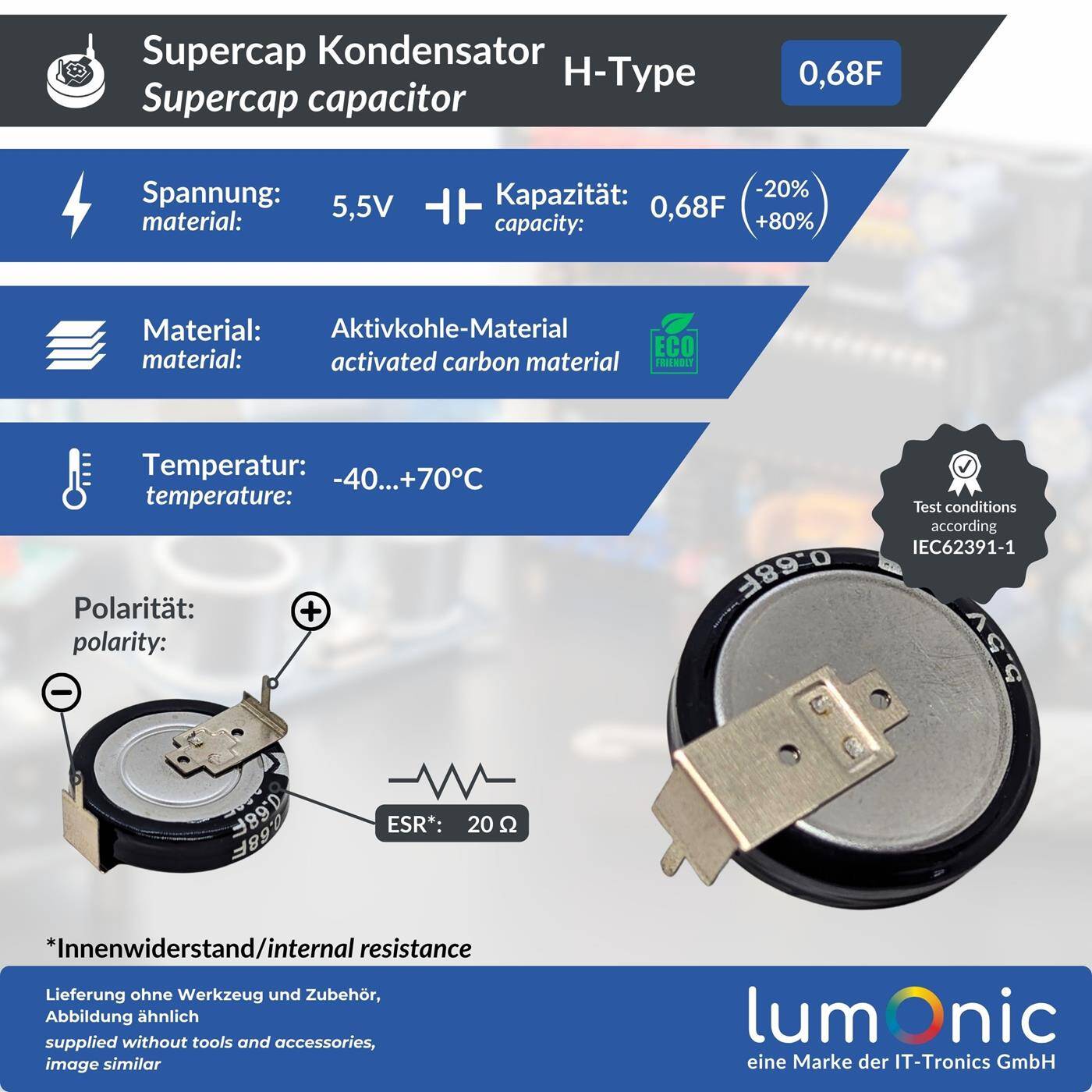 Lumonic 5x Supercap 0,68F 5,5V H-Type | EDLC for direct use, high capacity | 5.5V monoblock - no balancing necessary | Flicker protection, backup, PLC, heating