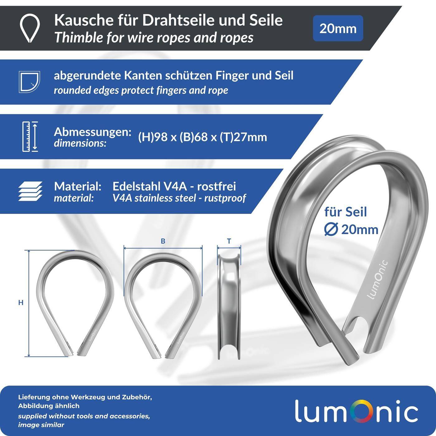 Lumonic Kausche für Ø20mm Drahtseil | V4A 316 Edelstahl rostfrei | abgerundeten Kanten | Zubehör für Stahlseil, Seile | Seilöse für Rankhilfe, Wäscheleine, Lampen, Sichtschutz, Sonnensegel, Zaun, Pflanzenhalterung