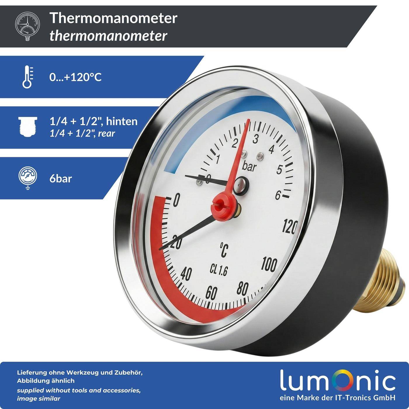 Thermomanometer 6bar 0-120°C 1/4 + 1/2 inch (adapter) Rear connection Ø 80mm large scale Heating pressure gauge Metal housing