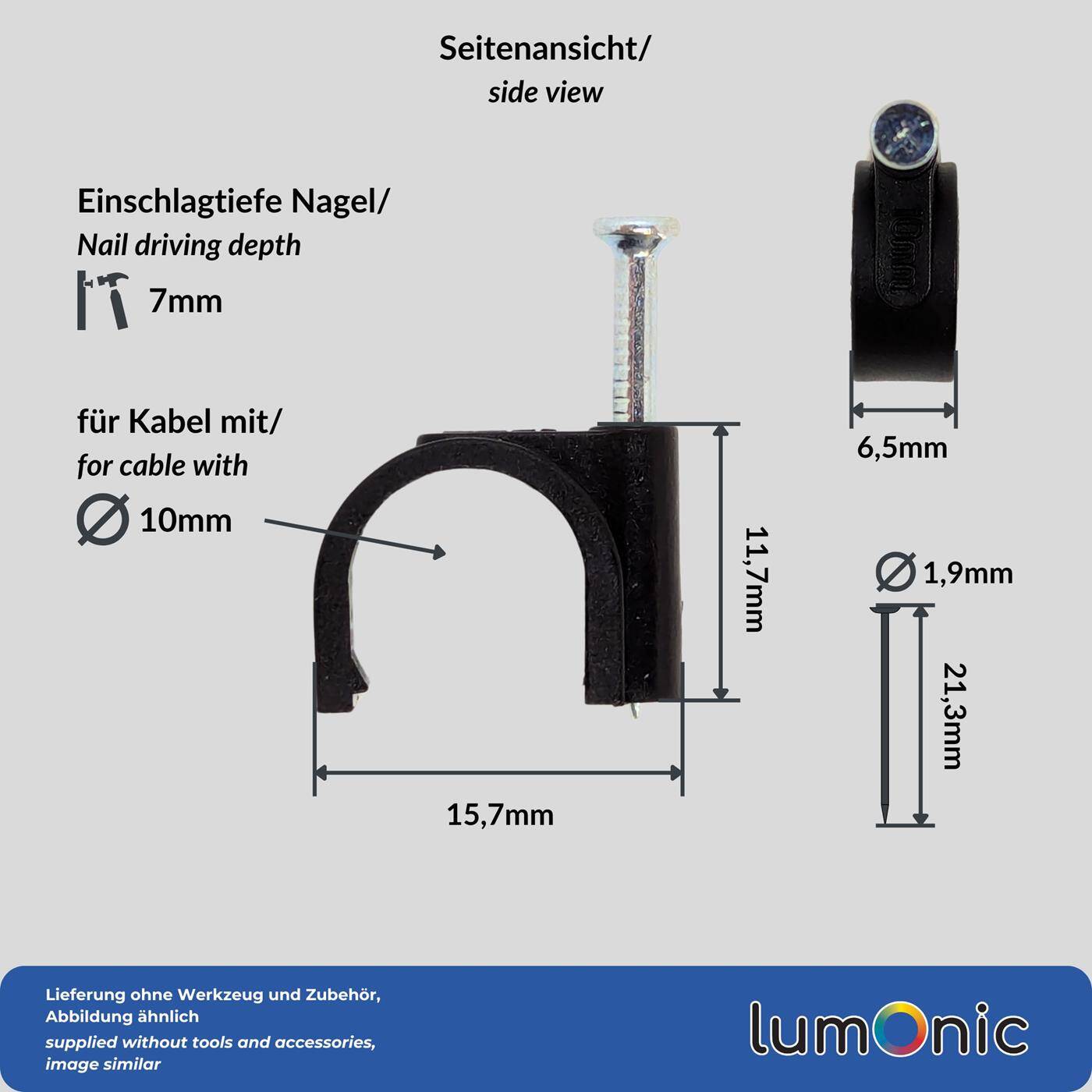 Lumonic 100x Nagelschelle 10mm für Kabel schwarz - Kabelschelle mit 22mm Nagel z.B. zur Befestigung an der Wand - Kabelklemmen verschiedene Größen 4-14mm