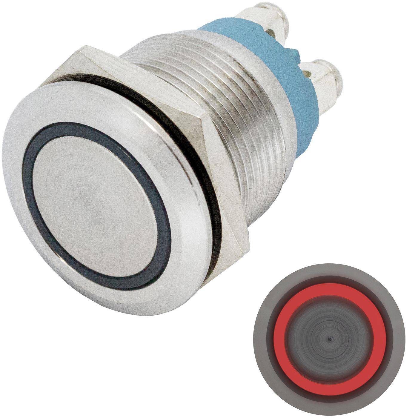 Lumonic Edelstahl Drucktaster flach 19mm Durchmesser I Mit einer Ring LED in Rot Maße: Schraubanschluss 250V 3A I Vandalismussicher nach dem IP65 Standard