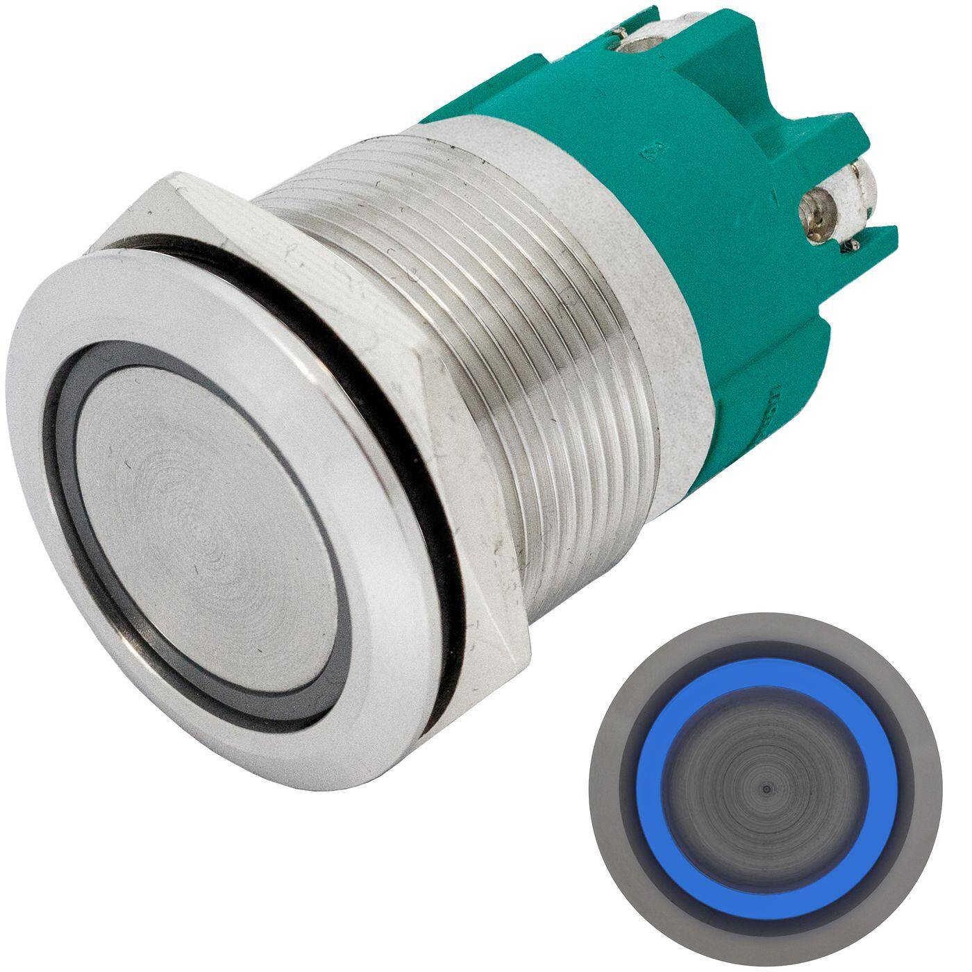 Lumonic Edelstahl Drucktaster flach 22mm Durchmesser I Mit einer Ring LED in Blau Maße: Schraubanschluss 250V 3A I Vandalismussicher nach dem IP65 Standard