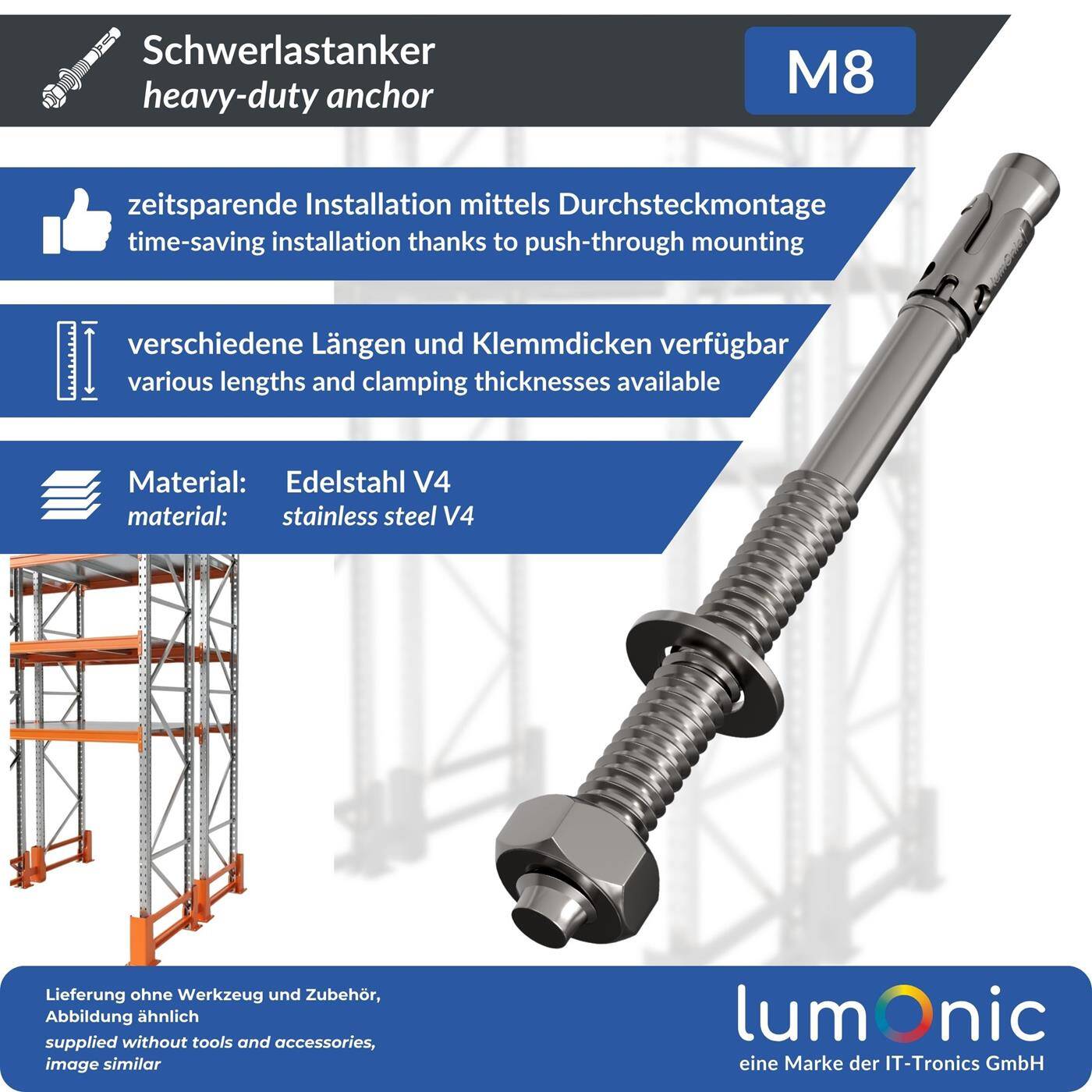Lumonic Schwerlastdübel M8 x 110mm | hochwertige Edelstahl V2A Keilanker | Durchsteckmontage,  | Betonanker, Schwerlastanker | für Überdachungen, Geländer, Regale, Trennwände