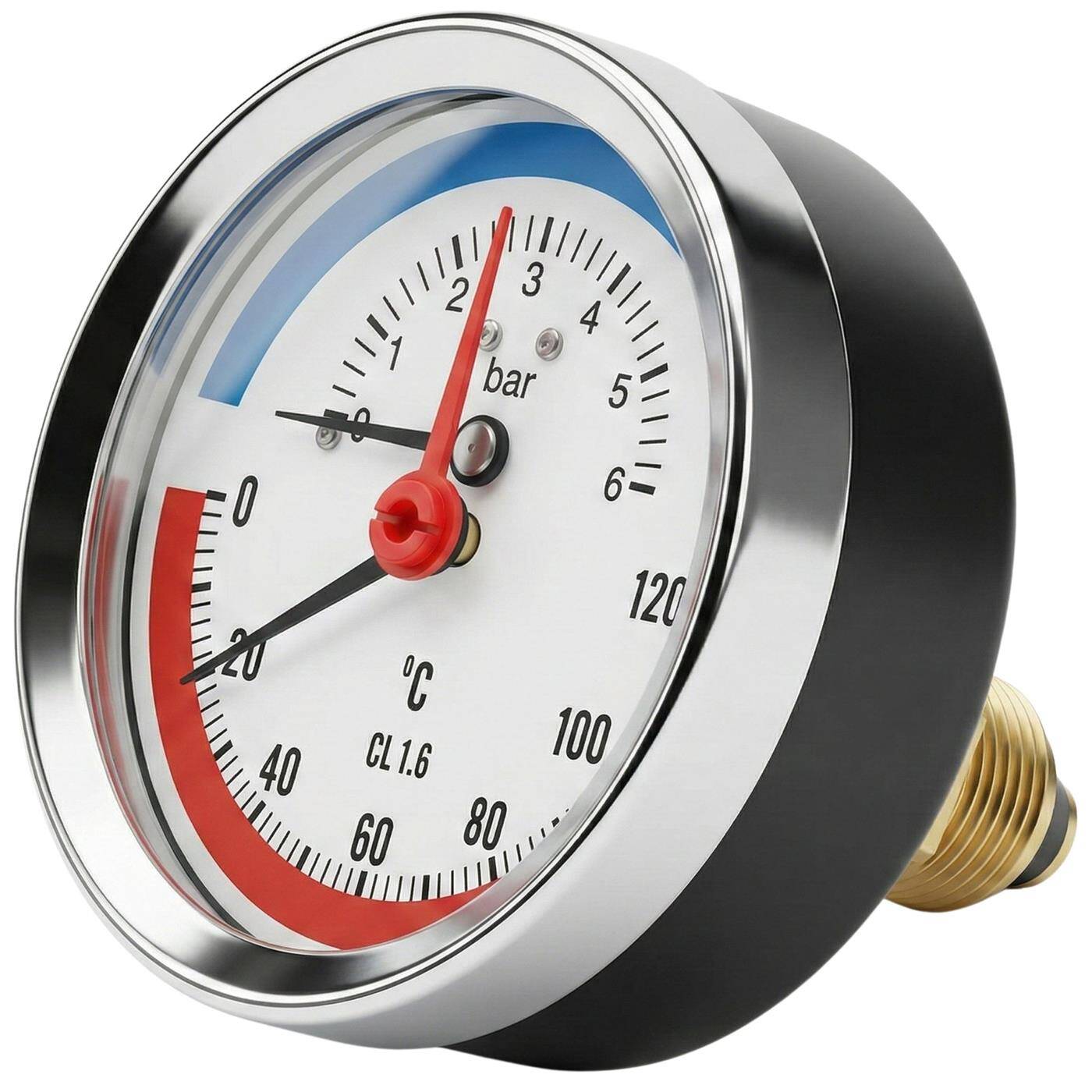Thermomanometer 6bar 0-120°C 1/4 + 1/2 inch (adapter) Rear connection Ø 80mm large scale Heating pressure gauge Metal housing