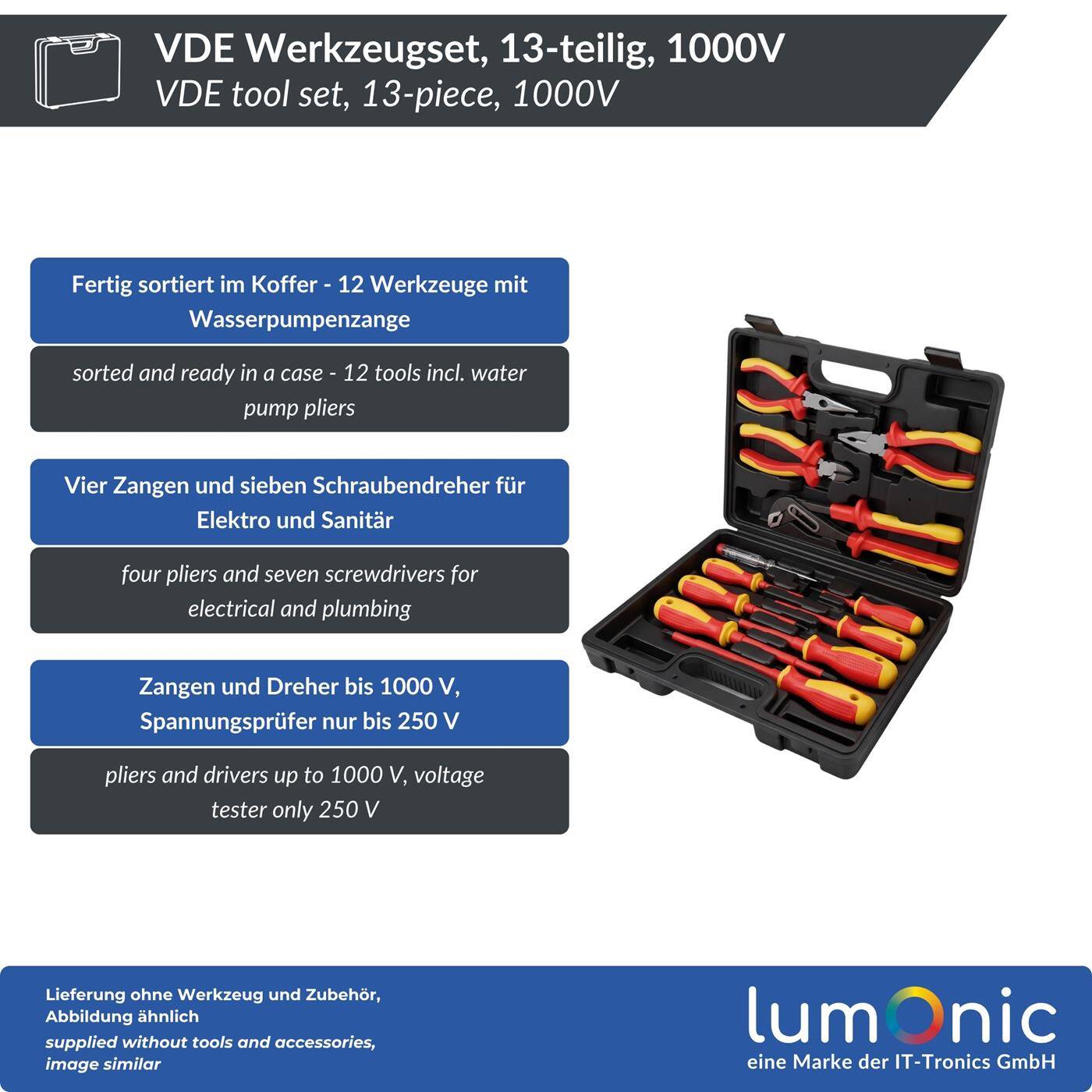 Lumonic VDE 13-Piece 1000V Tool Set in a Case - 4 pliers (including a water pump pliers), 7 screwdrivers, 250V voltage tester, plastic case, for electricians