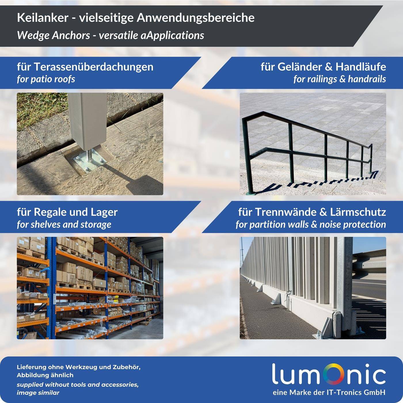 Lumonic Schwerlastdübel M8 x 150mm | hochwertige Edelstahl V2A Keilanker | Durchsteckmontage,  | Betonanker, Schwerlastanker | für Überdachungen, Geländer, Regale, Trennwände