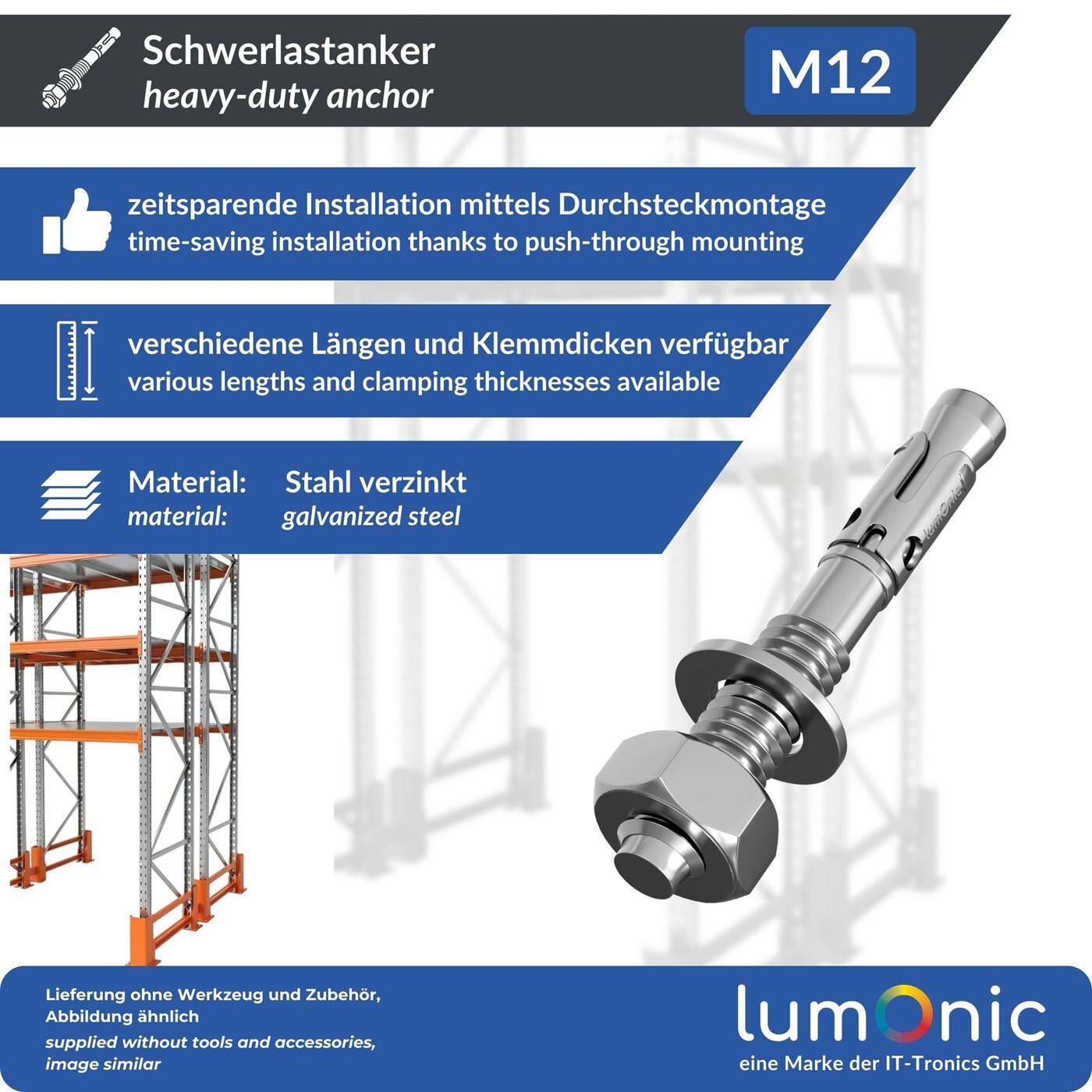 Lumonic Heavy Duty Anchor M12 x 115mm | High-quality galvanized wedge anchors | Push-through mounting, IMMEDIATELY LOADABLE | Concrete anchor, Heavy duty anchor | for canopies, Railing, Shelves, Partition walls