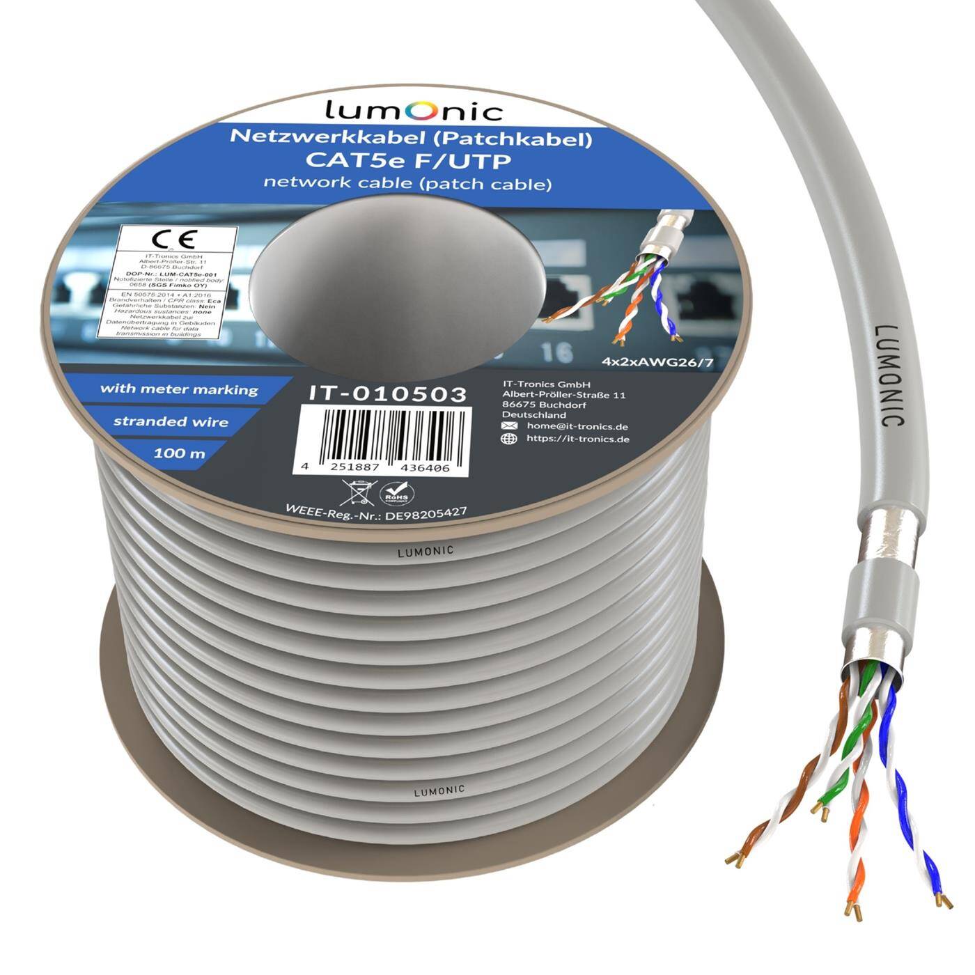 Lumonic LAN Netzwerkkabel 100m | LAN Kabel CAT5e F/UTP | Patchkabel  4x 2x AWG26/7 (verseilt) | 100MHz Gigabit Ethernet