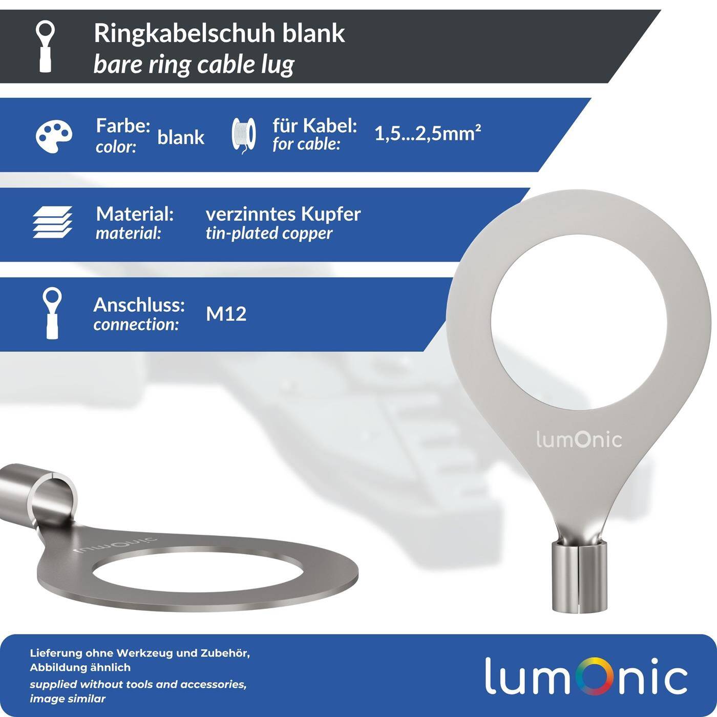 Lumonic 25x Ring cable lug 1,5-2,5mm² blank | M12 | Tinned copper | Secure cable connection without soldering | Crimp cable lug uninsulated | Motor vehicle, mechanical engineering, motorhome, battery