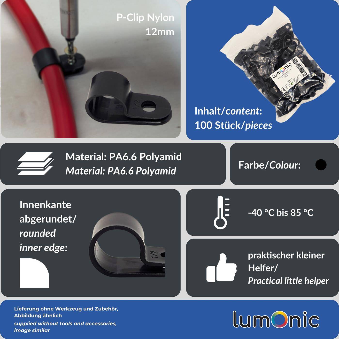 100x P-Clip für Kabel 12mm schwarz Nylon Kabelschelle Kabelhalter Chassisklemmen