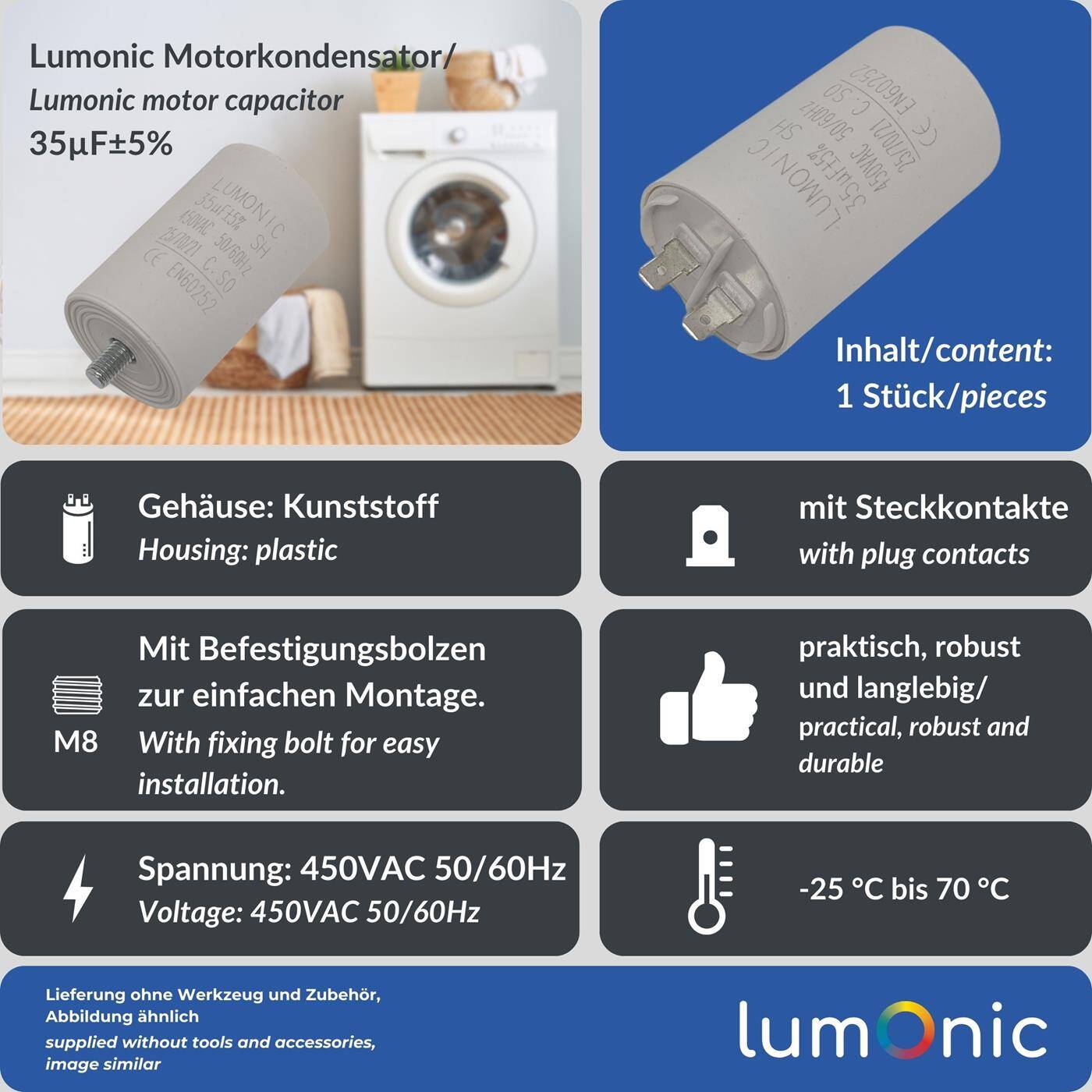 Lumonic Anlaufkondensator 35µF 450V | mit Stecker I 45x75mm I 35uF I Motorkondensator mit Kunststoffgehäuse I Betriebskondensator I für Pumpen, Rasenmäher, Werkzeuge