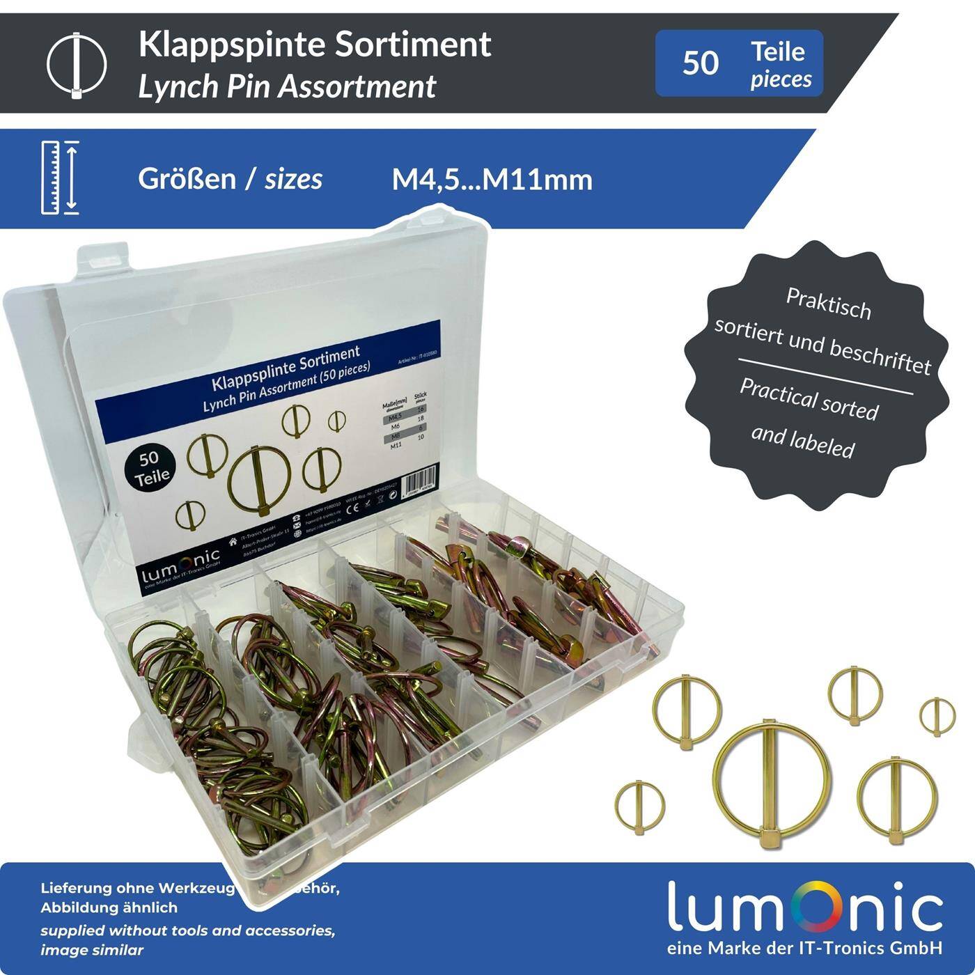 Lumonic Klappsplint Sortiment | 50 Teile, 4 Größen M4,5-M11 | Lynch Pin Schnellverschluss Stahl verzinkt | werkzeuglos wiederverwendbar | in praktischer Sortimentsbox