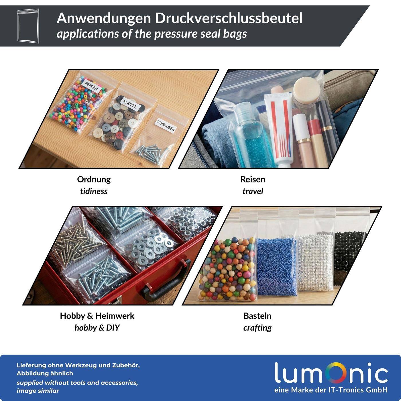 100x Lumonic Pressure seal bag 300x400mm | 50µm | Transparent, tear-resistant + odorless | Zip bag for small parts, travel, storage