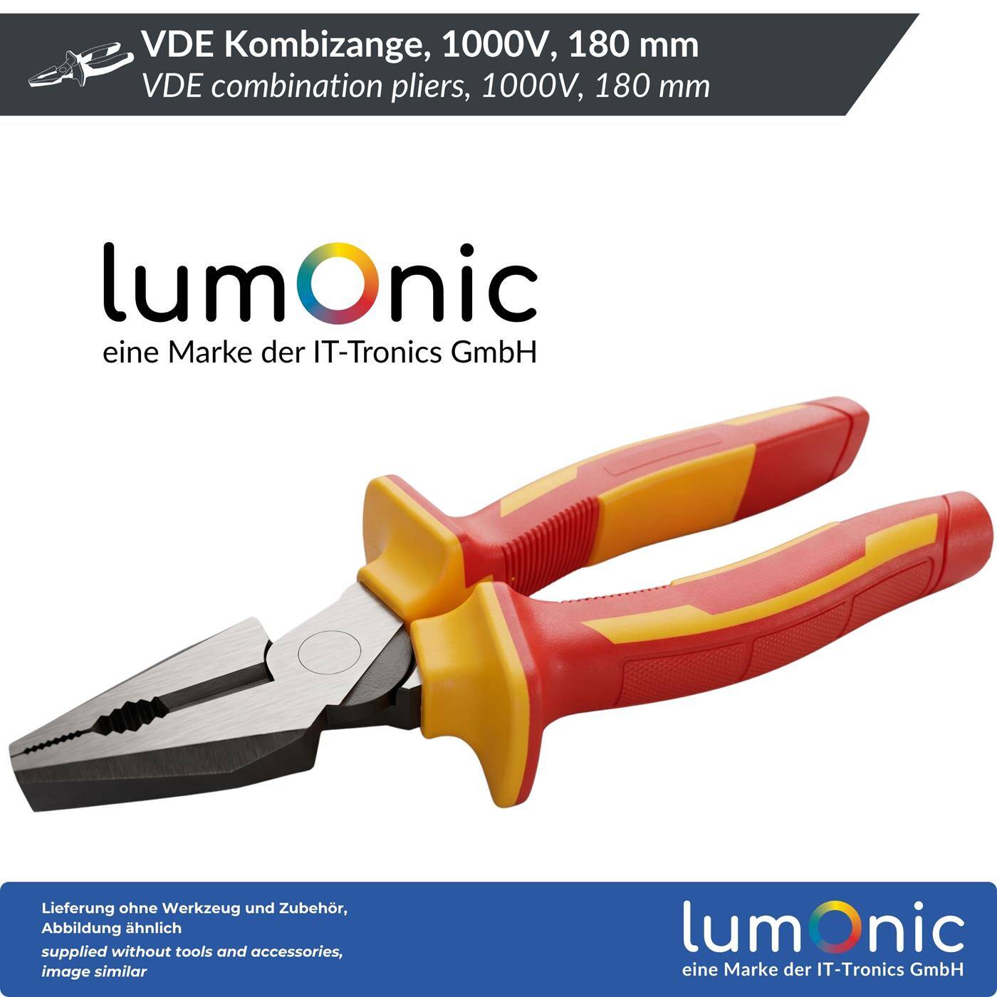 Lumonic VDE Combination Pliers 1000V Heavy-Duty Model, 180 mm - 60CrV steel with induction-hardened cutting edge, two-component handle, for electricians and residential wiring