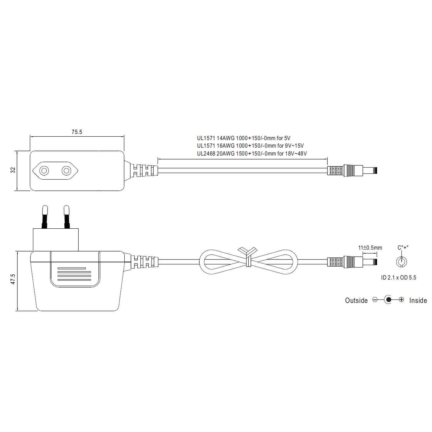 SGA40E24-P1J 40W 24V 1,67A Wall power supply Cable 150cm + DC Plug (2,1/5,5mm) AC DC Adpater
