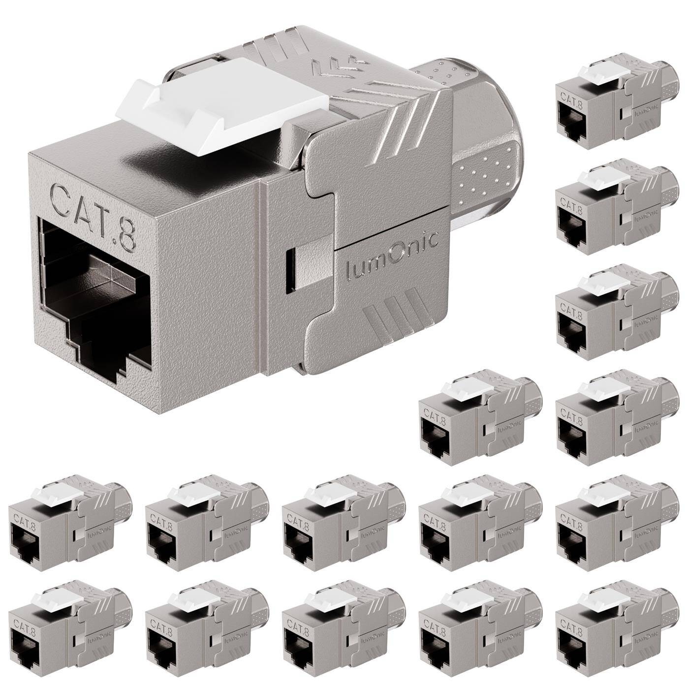 Set of 16 Premium Keystone RJ45 CAT8.1, Simple, tool-free installation, T568A/B color-coded, for wall box &amp; patch panel, PoE, up to 40Gbit/s, 360° shielding, Strain relief through union nut, Metal housing, Jack module