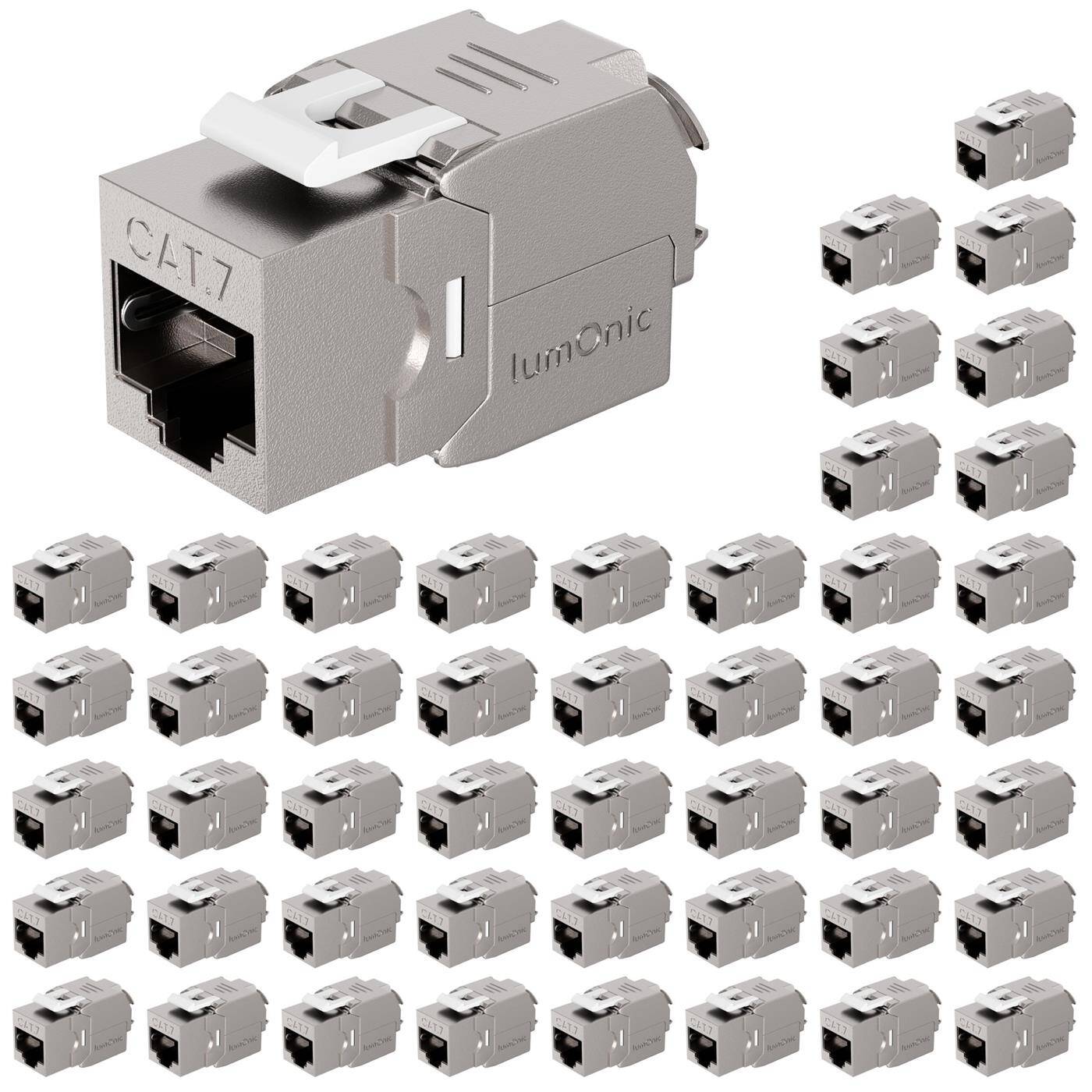 48er Set Keystone RJ45 CAT7, schnelle, werkzeuglose Montage, T568A/B farbcodiert, für Wanddose & Patchpanel, PoE++, bis 10Gbit/s, 360° Schirmung, Zugentlastung mit Kabelbinder, Metallgehäuse, Jack Modul