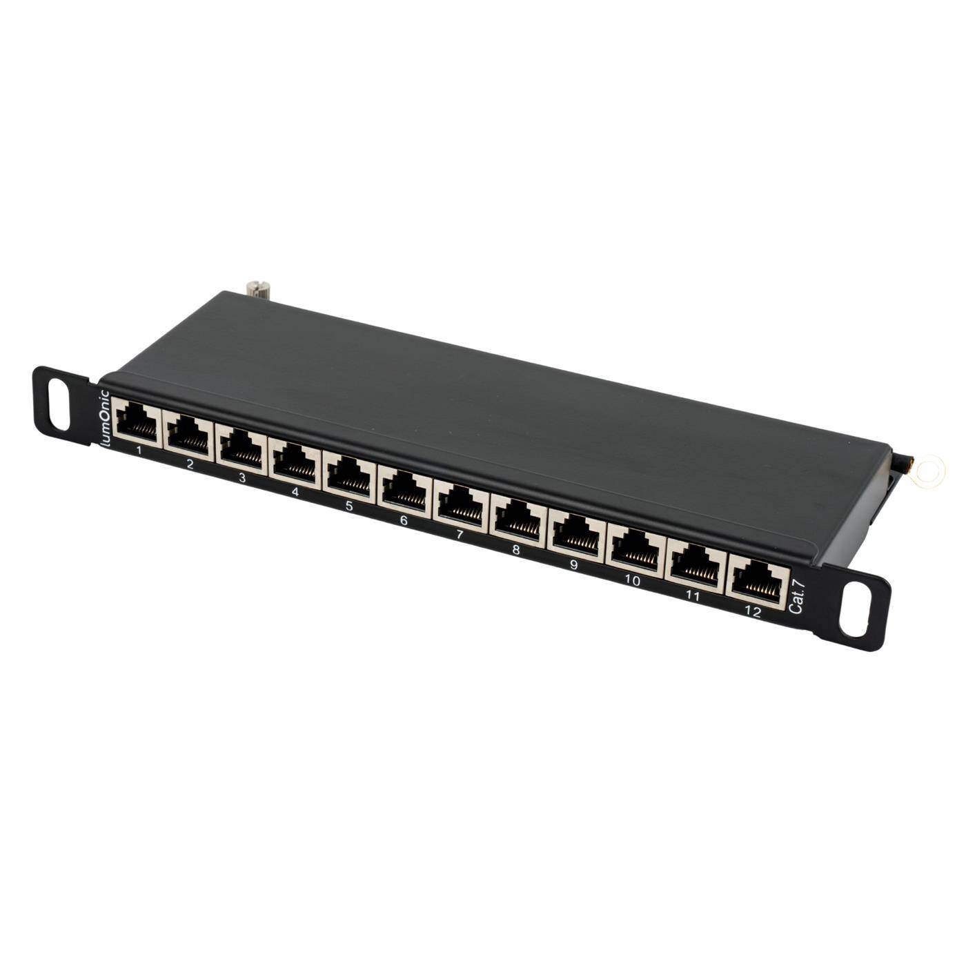 10" Patch panel CAT7, 12 Port, space-saving 0.5U, LSA mounting, T568A/B color-coded, Rack mounting, Shielded, black patch panel, Cable management, 10 Gbit/s PoE