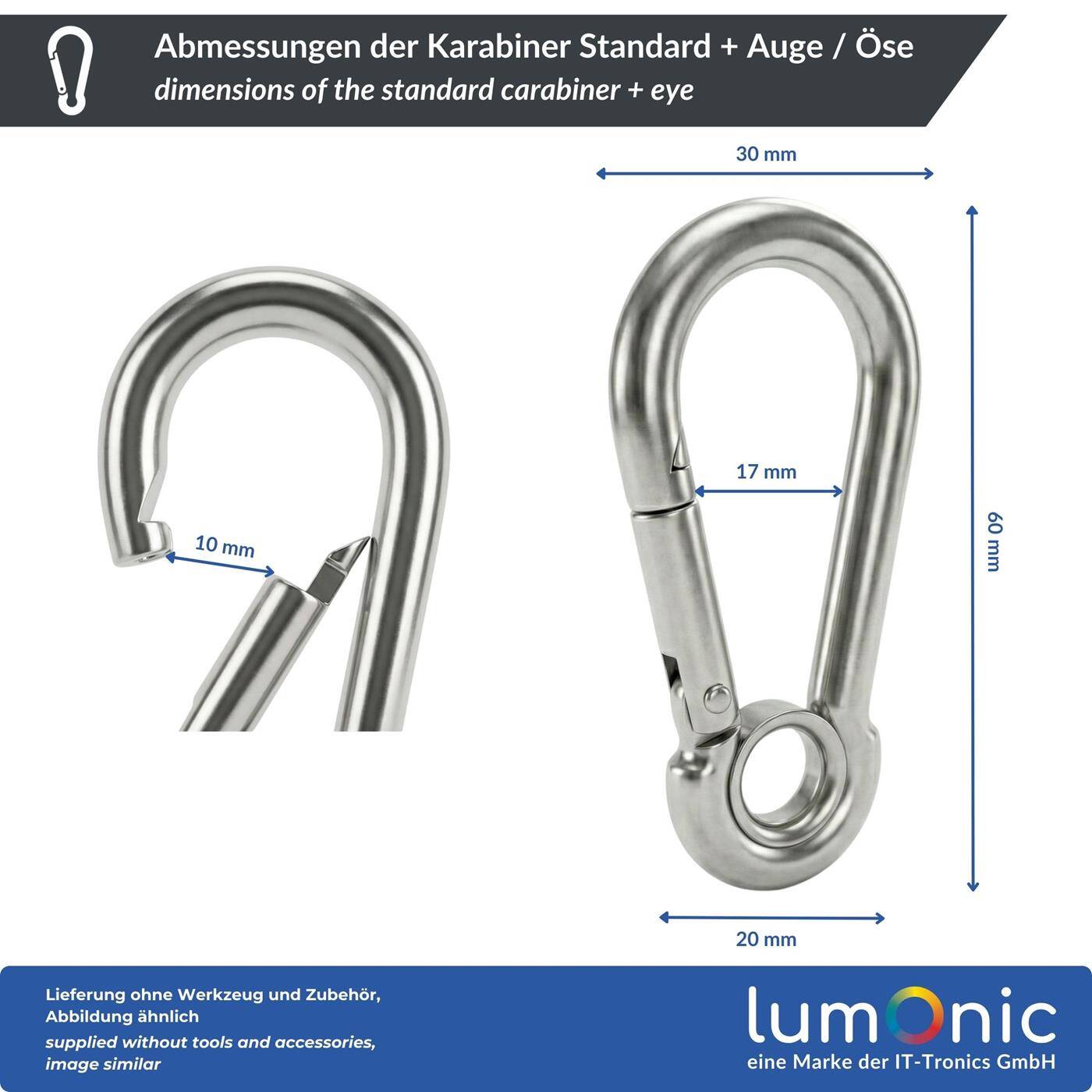 Lumonic Carabiner with eye V4A stainless steel | 6x60mm | Stainless + seawater resistant | Prevents annoying twisting | for awnings, hammocks, dogs, camping