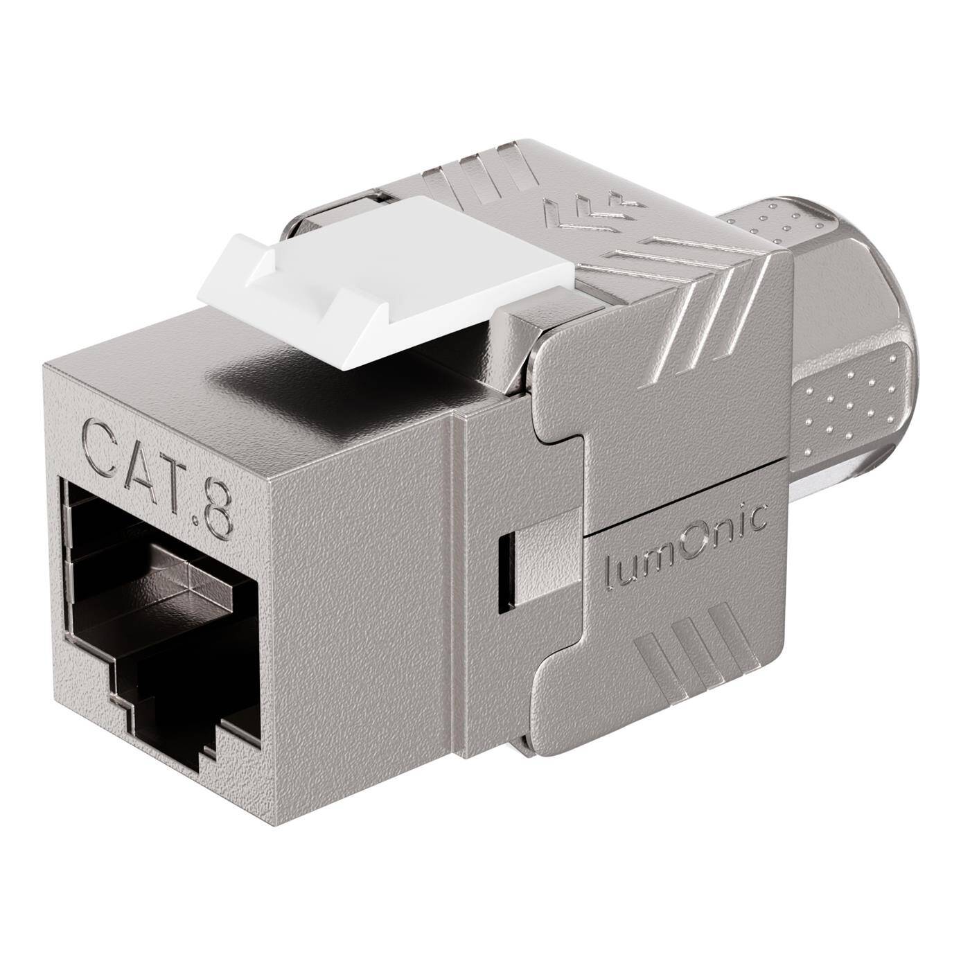 Premium Keystone RJ45 CAT8.1, einfache, werkzeuglose Montage, T568A/B farbcodiert, für Wanddose & Patchpanel, PoE, bis 40Gbit/s, 360° Schirmung, Zugentlastung durch Überwurfmutter, Metallgehäuse, Jack Modul