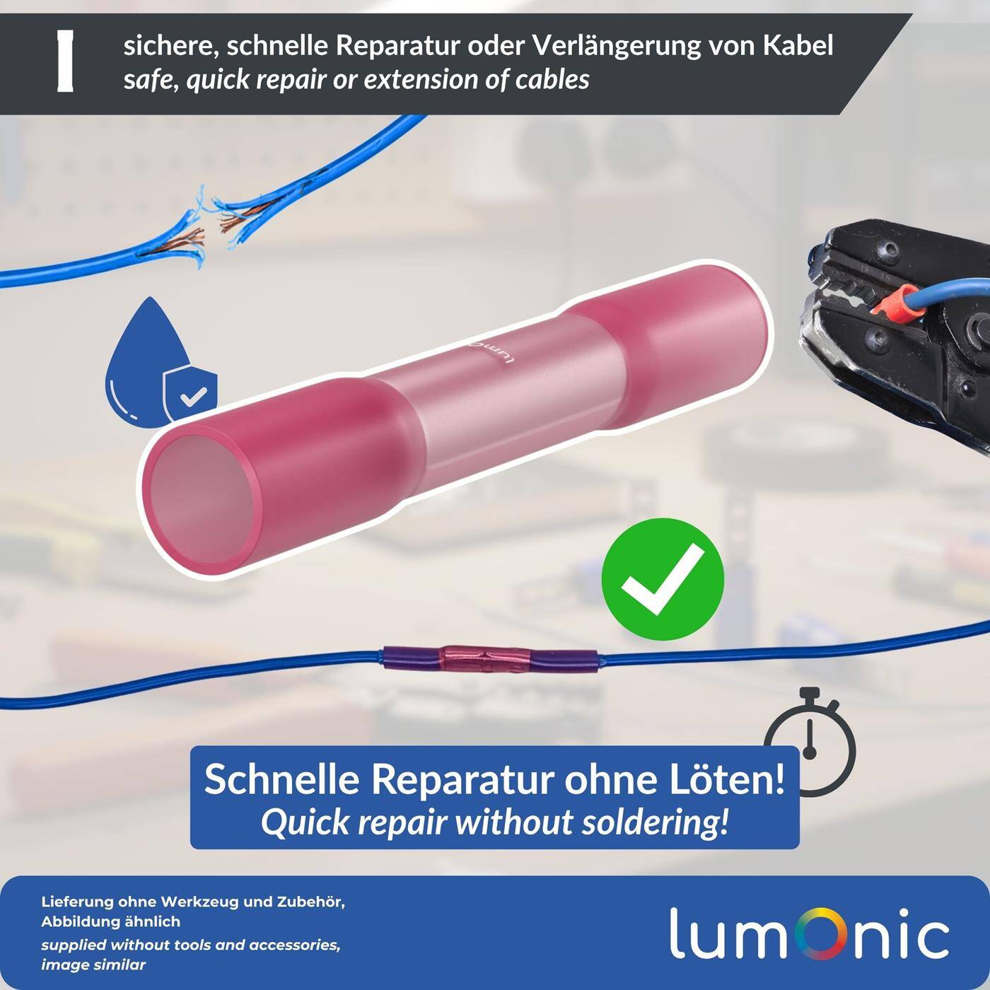 Lumonic 25x Schrumpf-Stoßverbinder Wasserdicht | 0,5-1,5mm² Rot | ohne Löten | Kabelverbinder mit Schrumpfschlauch + Kleber für KFZ, Garten & Elektro | für Kabelreparatur