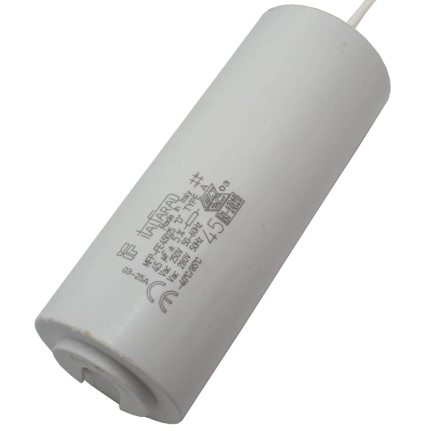 Kondensator 45µF 250V 45x116mm Kabel 25cm Italfarad 45uF