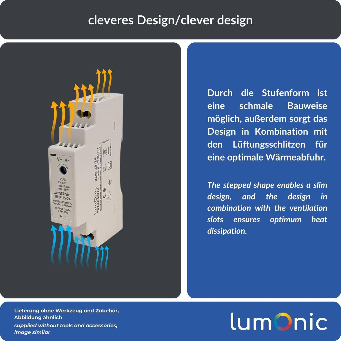 Lumonic I Top-hat rail power supply unit BDR-15-24 I 24V / 15W I Input 100-240VAC I Overload protection I DIN-Rail switching power supply I Switch cabinet