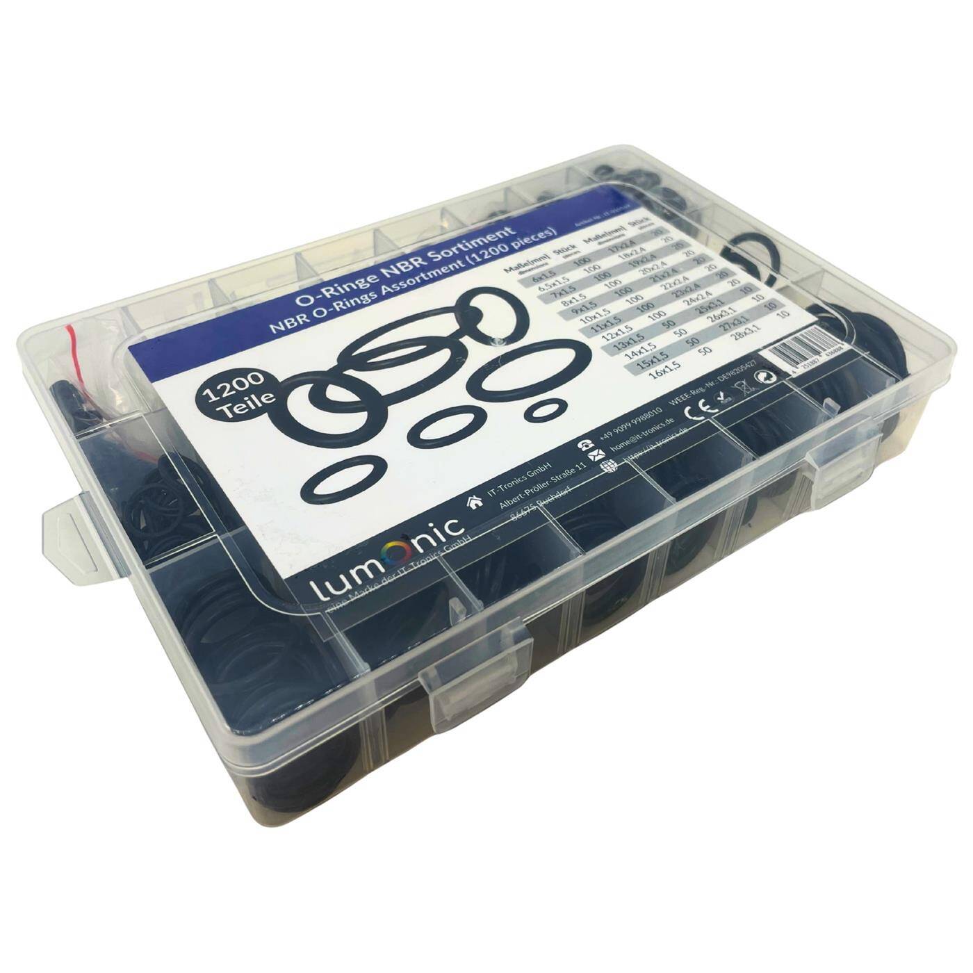 Lumonic O-ring range NBR | 1200 parts, 24 common sizes (6-28mm) | -40°C to +120°C | Nitrile sealing rings set | in practical assortment box