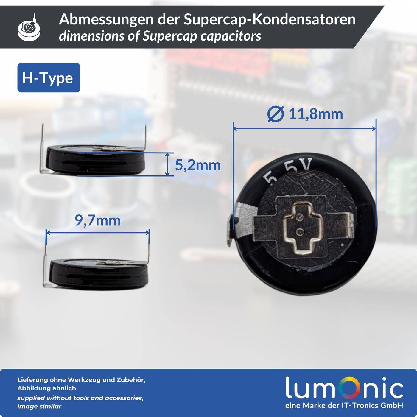 Supercap 0,22F 5,5V H-Type, EDLC for direct use, high capacity, 5.5V monoblock - no balancing necessary, flicker protection, backup, Arduino, PLC, heating