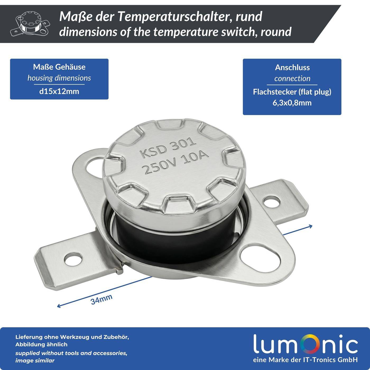 Lumonic KSD301 Temperaturschalter rund | 40°C ± 5°C | Öffner NC | max. 250V AC/10A | Flachstecker | Ø15×12mm | Thermoschalter, Bimetall | Kaffeemaschinen, Bügeleisen, Backöfen, Heizungen