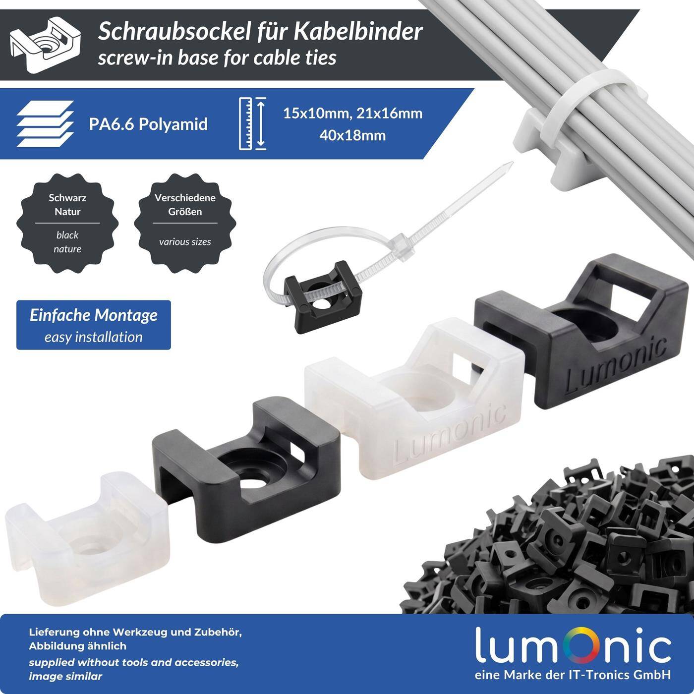 50/100 Stück Schraubsockel für Kabelbinder, 15x10mm, 21x16mm, 40x16mm