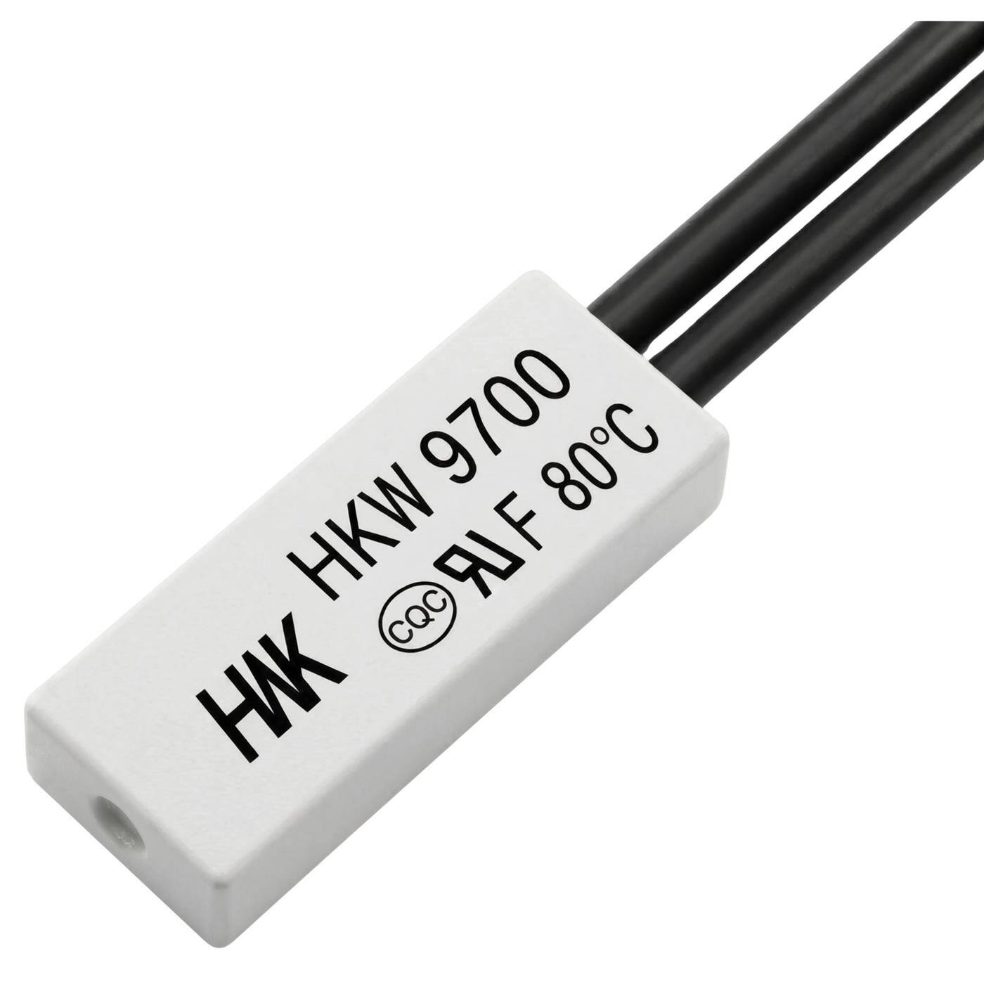 Lumonic HKW9700 Temperaturschalter flach | 80°C ± 5°C | Öffner NC | max. AC 250V/5A | max. DC 24V/8A | Kabel 70mm | 21x8x4mm | Thermoschalter, Bimetall, KSD9700 | Motoren, Netzteile, Heizlüfter